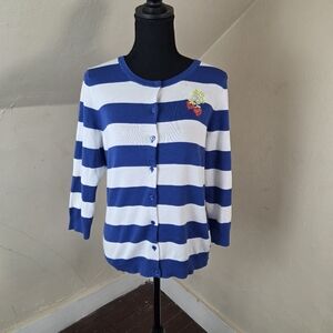 Talbots Blue White Stripe Button Down Cardigan Strawberry Embroidered Size MP